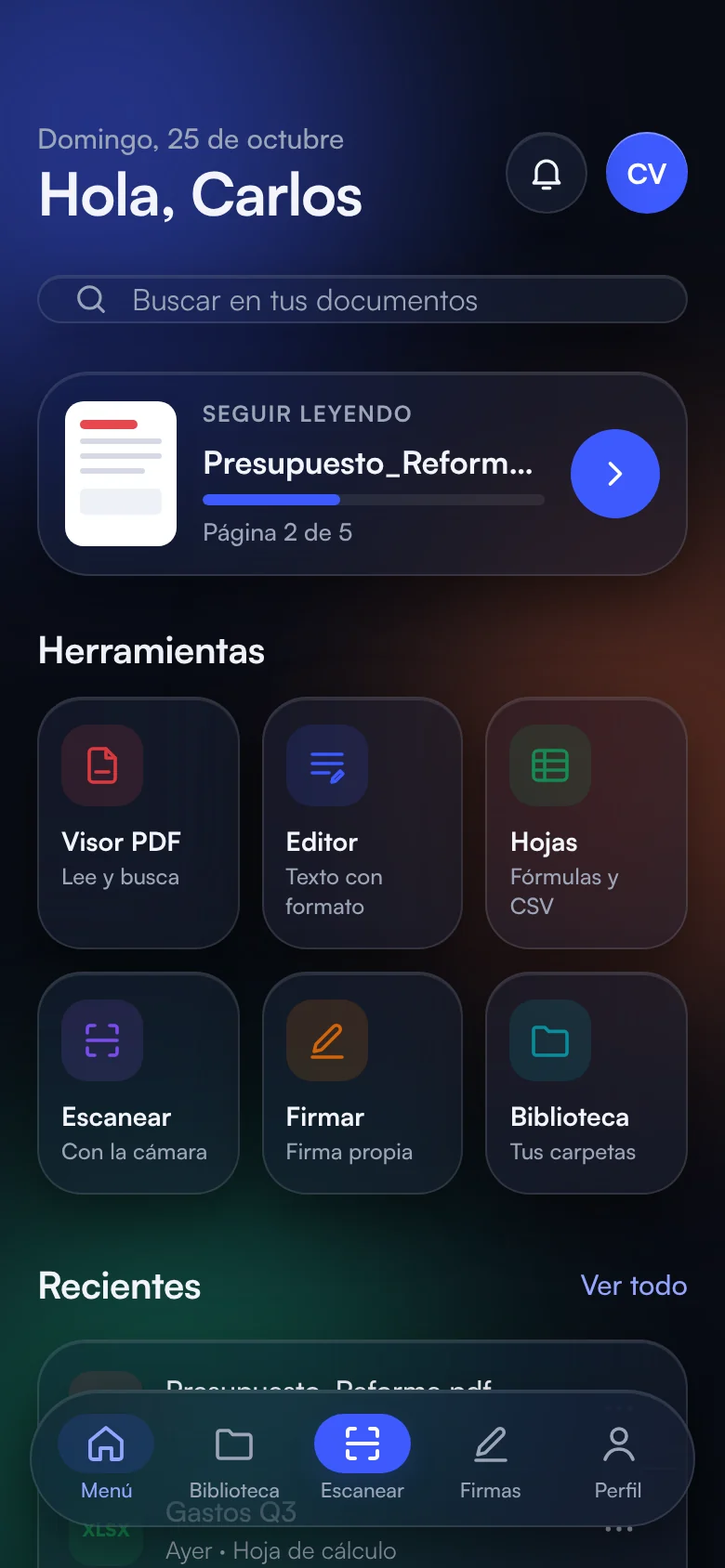 Menú de Docselemental: seguir leyendo, herramientas y documentos recientes