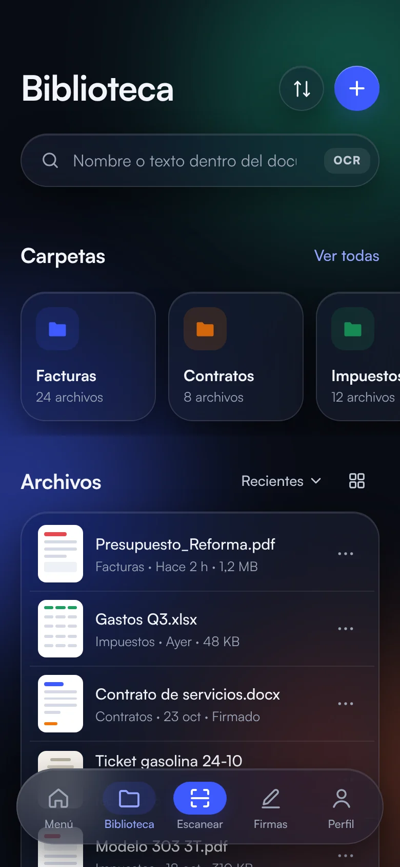 Biblioteca de Docselemental con carpetas, filtros y archivos