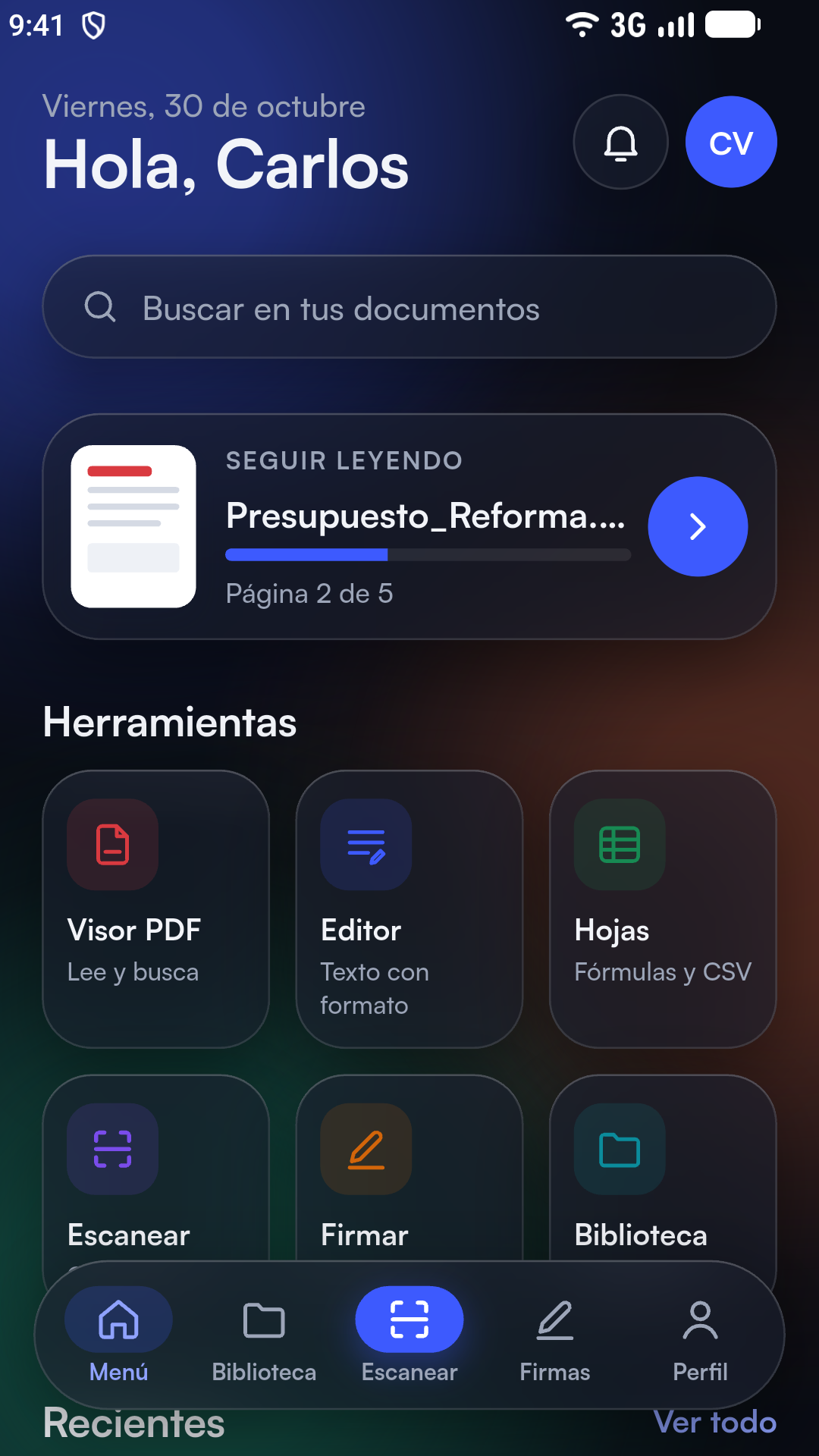 Inicio con accesos rápidos y últimos documentos