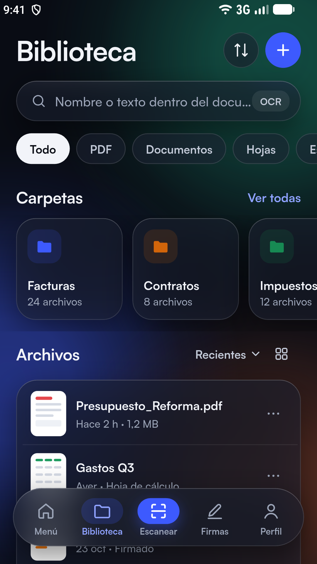 Biblioteca con carpetas y filtros