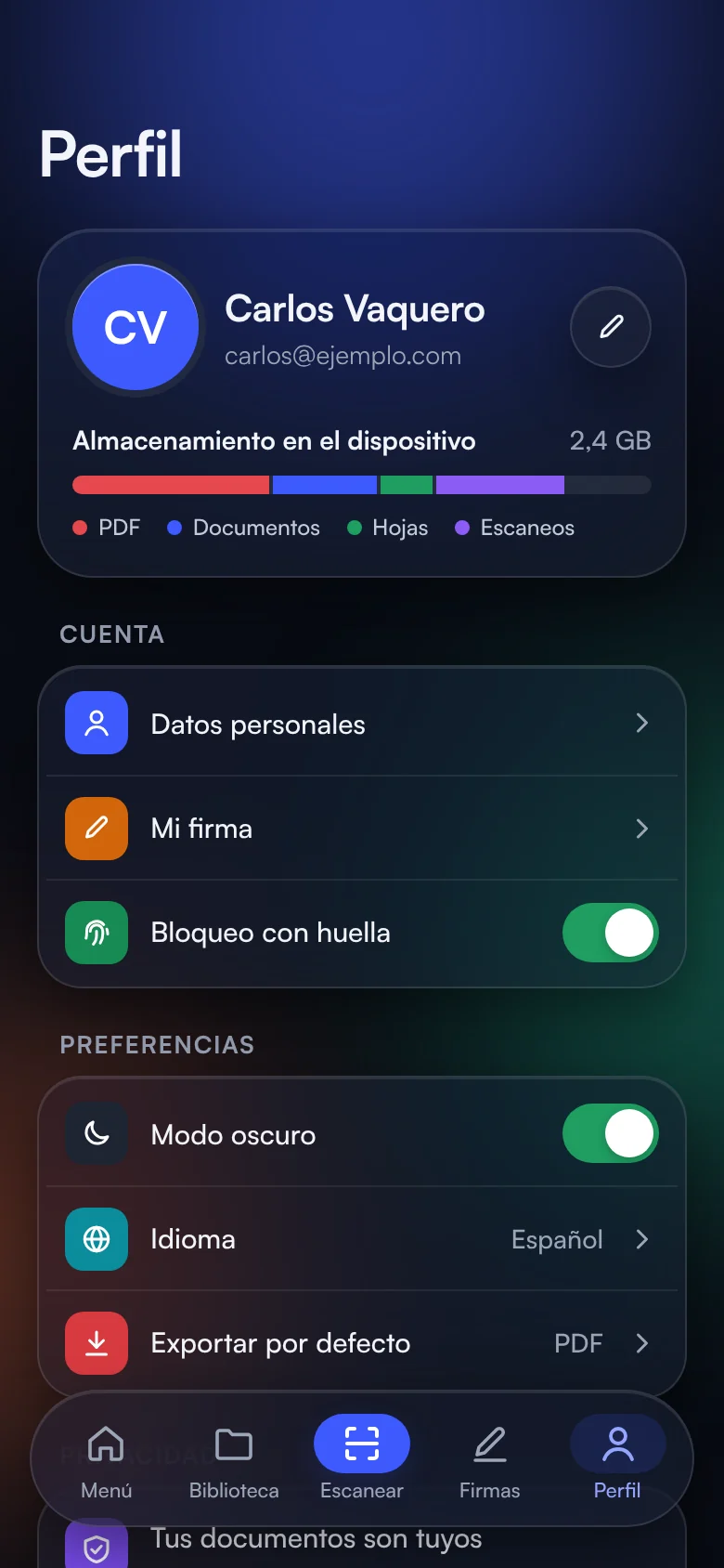 Perfil: cuenta, almacenamiento, preferencias y privacidad